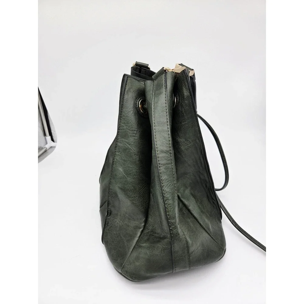 Green Gold Pleated Bucket Bag Large Open Hobo bag Triangle Cinch‎ top Shoulder